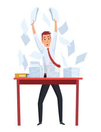 Illustration for Office paperwork. Office worker with stack of documents. Concept man of office work with stress and overworking. Bureaucracy and overwork. - Royalty Free Image