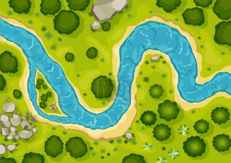 Illustration pour Top view river landscape. Summer beautiful valley, scenic picturesque natural stream. River with trees on shore. Landscape with winding river. Vector illustration. - image libre de droit