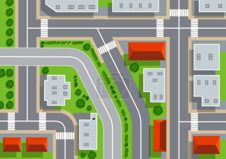 Ilustración de Top view of urban city. Crossroads with streets, roads, houses and trees. Map with view rooftops and highways. View from above on city landscape elements vector illustration. - Imagen libre de derechos