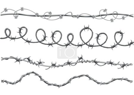Illustration for Barbed wire set. Fencing strong sharply pointed elements, twisted around, art pattern. Industrial barbwires, protection concept design. Modern metallic sharp elements for area protection. - Royalty Free Image