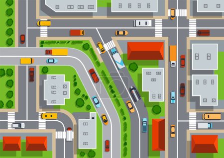 Ilustración de Top view of urban city. Crossroads with streets, roads, cars, houses and trees. Map with view rooftops and highways. View from above on city landscape elements vector illustration. - Imagen libre de derechos