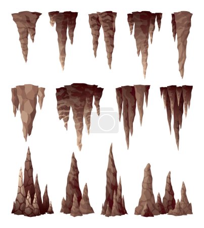 Téléchargez les illustrations : Stalactite stalagmite. Formes minérales suspendues en forme de glace et croissant vers le haut dans la grotte. Calcaire brun nature, icône en pierre matérielle. Formations géologiques de croissance naturelle. - en licence libre de droit