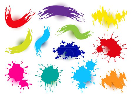 Illustration for Color paint blots. Creative isolated paint brush strokes or spots. Ink smudge abstract shape stains set with texture. Grunge design elements. Collection of different drops. - Royalty Free Image