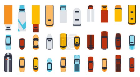 Ilustración de Top view of urban city element, cars. Vehicle transport icons set. Automobile car for transportation, auto car illustration. - Imagen libre de derechos