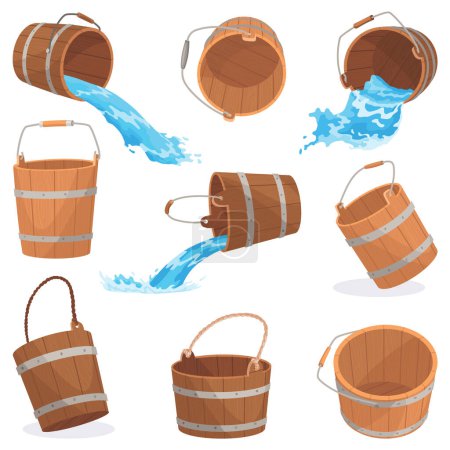Téléchargez les illustrations : Wooden buckets with water and handle. Container with flowing water, empty pail for spa, sauna. Liquid pouring with splash. Vector illustration isolated on white background. - en licence libre de droit