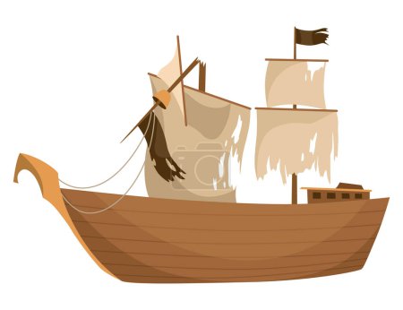 Ilustración de Broken ship icon. Cartoon wooden battered ship with tattered flag and sails after wreck or attack. Destroyed, wreck ship isolated on white background. - Imagen libre de derechos
