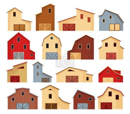 Barn icon set. Farmyard architecture buildings. Cartoon farm sheds. Wooden stables in rustic retro style. Vector illustration in flat style on white background.