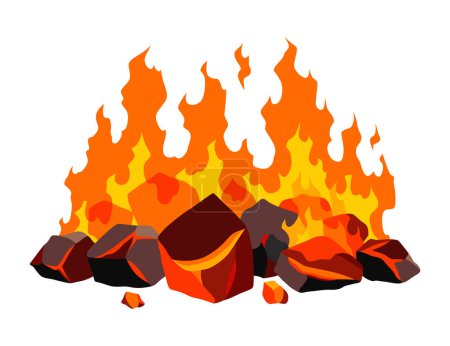 Burning coal. Realistic bright flame fire on coals heap. Closeup vector illustration for grill blaze fireplace, hot carbon or glowing charcoal image.