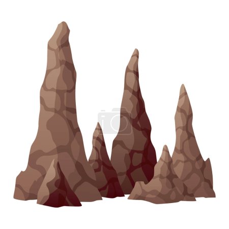 Stalagmite. Icicle shaped upward growing mineral formations in cave. Nature brown limestone, material stone icon. Natural growth geology formations.
