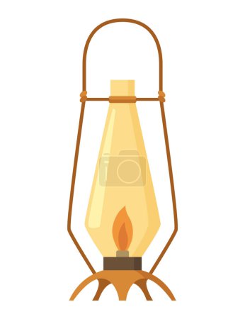 Illustration for Vintage camping lantern or oil lamp. Handle gas lamps for tourist hiking. Flame glow camp fuel burn isolated on white background. - Royalty Free Image