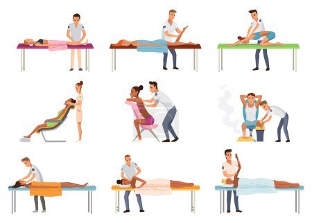 Masajistas en el trabajo. Pacientes tumbados en el sofá, disfrutando de un tratamiento relajante corporal. Fisioterapeutas practicando diferentes tipos de masajes, personajes de dibujos animados aislados. Conjunto de ilustraciones de vector plano.