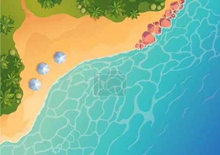 Illustration for Beach top view landscape. Parasols on beach sand. Sea tropical ocean coastline with umbrella. Sandy shore scenery nature landscape. Vector illustration in flat design style. - Royalty Free Image