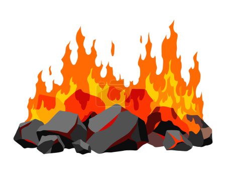 Illustration for Burning coal. Realistic bright flame fire on coals heap. Closeup vector illustration for grill blaze fireplace, hot carbon or glowing charcoal image. - Royalty Free Image