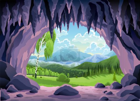 Paisaje de cuevas. Escena natural de verano de entrada a la cueva. Mazmorra prehistórica, cueva de roca juego ilustración. Ilustración vectorial de túnel en montaña o mina en rocas.