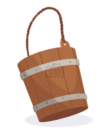 Téléchargez les illustrations : Wooden bucket with handle and without water. Container or empty pail for spa, sauna. Vector illustration isolated on white background. - en licence libre de droit
