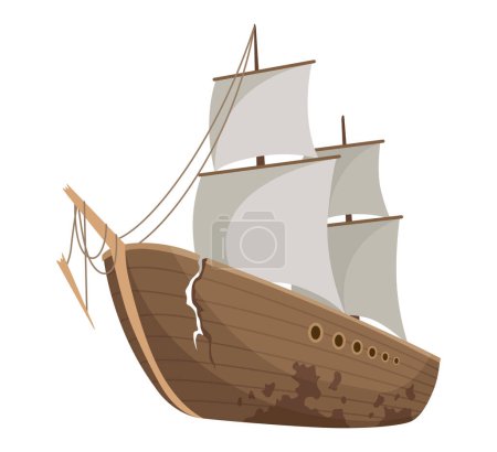Broken ship icon. Cartoon wooden battered ship with tattered board after wreck or attack. Destroyed, wreck ship isolated on white background.