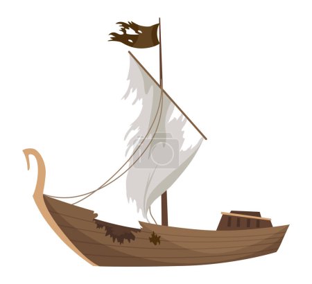 Broken ship icon. Cartoon wooden battered ship with tattered flag and sails after wreck or attack. Destroyed, wreck ship isolated on white background.
