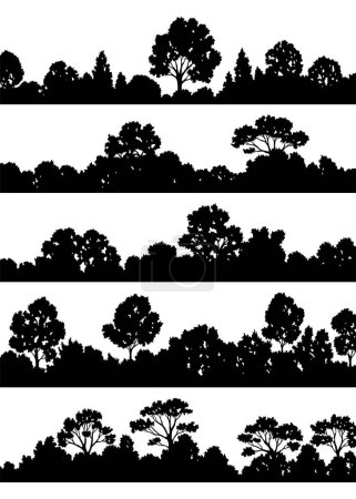 Téléchargez les illustrations : Silhouettes forestières, paysage sauvage naturel. Définir les avant-plans vectoriels modifiables des forêts. Tees silhouettes noires illustration détaillée. - en licence libre de droit