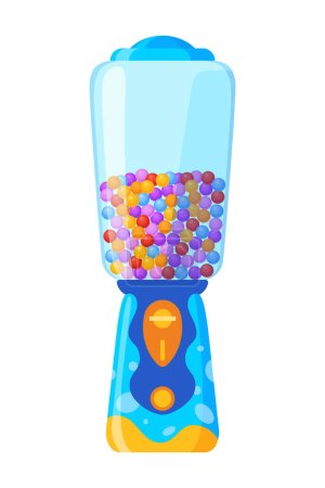 Icono de máquina de gomitas. Dispensador de caramelos de vidrio redondo transparente con goma de mascar de colores. Máquina expendedora. Contenedor dulces bolas moneda de centavo. Ilustración vectorial aislada en blanco.