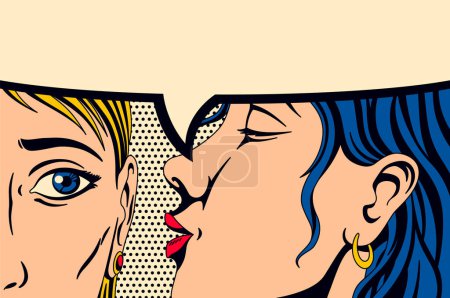 Gossip girl whispering in ear secrets. Comic book panel in pop art style. Rumor or word-of-mouth concept. Emotional pretty woman trying to tell or announcing secret message. Color vector illustration.