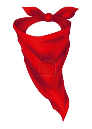 Illustration for Red realistic bandana on neck. Youth fashion neck scarf or cowboy garment element template. Biker face scarf, bandanna neck shawl. Blank handkerchief unisex uniform. Western clothes. - Royalty Free Image