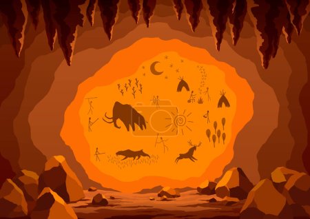 Prehistoric cave with paintings. Old drawings of primitive people, stone age art. Ancient history and archeology. Primitive caveman sketch. Vector cartoon Illustration.