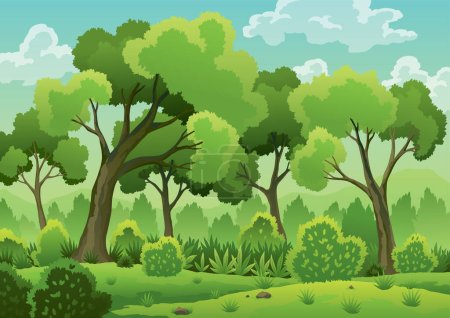 Illustration for Forest landscape with deciduous trees, green grass, bushes and sunlight spots on ground. Scenery hand draw view, summer or spring wood. Cartoon forest daytime, vector illustration. - Royalty Free Image