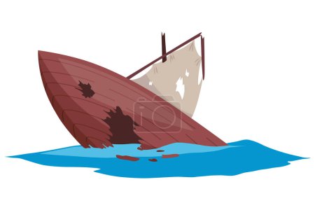 Illustration for Damaged ship. Crash or accident in sea. Marine catastrophe. Cargo ship sinking in flat design. Vessel failure, rescue problem nautical transportation. - Royalty Free Image