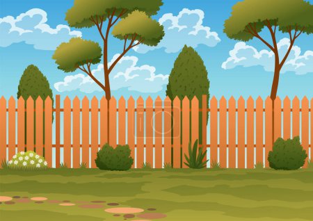 Illustration for Backyard bbq grill. Outdoor patio background with fence. Summer landscape of yard. Vector cartoon illustration. - Royalty Free Image