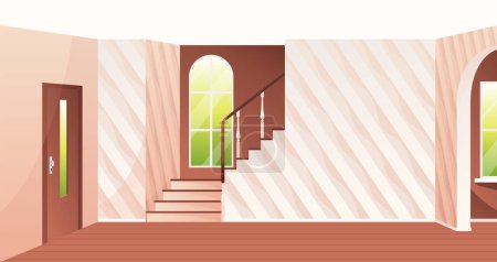 Ilustración de Casa pasillo diseño interior con escaleras. Ilustración vectorial de dibujos animados de gran hall de luz, puerta de entrada, ventana, escalera, alfombra de piso, imágenes abstractas enmarcadas en la pared. Acogedora casa, apartamento de lujo. - Imagen libre de derechos