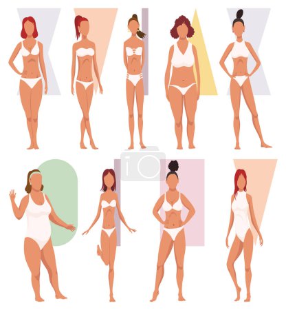 Illustration for Female figures types set. Women in lingerie showing different body shapes. Diverse women in underwear. Main woman figure shape. Flat vector illustrations isolated on white background. - Royalty Free Image