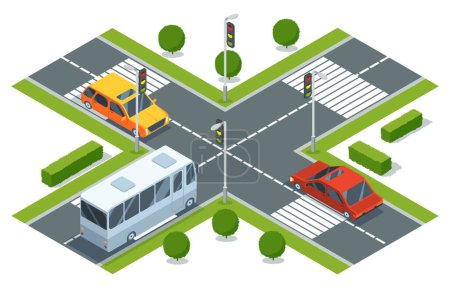 Isometrische Ansicht von Straßenkreuzungen mit Fahrbahnmarkierungen, Ampeln, Zebrastreifen und Autos. Stadtverkehrskarte mit Transport, vektorgrafische Gestaltungselemente.