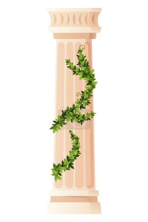 Antigua columna cubierta de hiedra. Museo y exposición. Caricatura griega o pilar romano con ramas de hiedra trepadora. Follaje antiguo elemento decorado. Dibujos animados vector plano aislado en blanco.