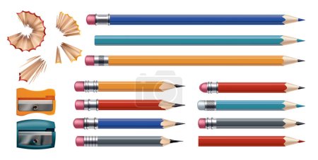 Pencil mockup realistic. Colored wooden graphite pencils with shavings and sharpener. School office stationery, creative design vector bright set.