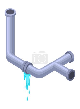 Leaking pipes isometric. Broken pipe tube with leaking water. Plumbing construction pipeline with damage element. 3d industrial water system.