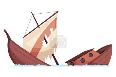 Damaged ship. Crash or accident in sea. Marine catastrophe. Cargo ship sinking in flat design. Vessel failure, rescue problem nautical transportation.