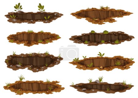 Holes ground set. Works digging of sand coal waste rock or gravel. Brown, dry mine elements of landscape. Cartoon illustration.