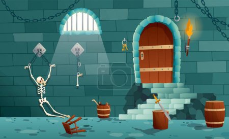 Caricatura vectorial prisión medieval, objetos de tortura. Literas de madera, barril, picota para el castigo, ventana en la cárcel y otros elementos aislados en blanco.