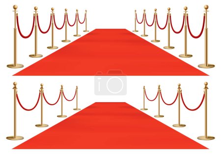 Alfombra roja barreras doradas. Evento exclusivo. Alfombra roja con escaleras, cuerdas rojas y soportes dorados. Estreno de la película, gala, ceremonia, concepto de premio.
