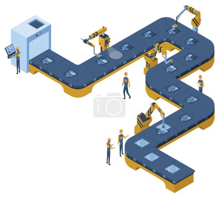 Illustration for Factory isometric conveyor line. Industrial automated robotic conveyor, production 3d line. Electronic factory assembly line with plant workers. Composition isometric vector illustration. - Royalty Free Image