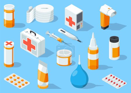 Illustration for First aid kit isometric, medical tools and medicaments. Pharmaceutical production medicine packages pills tablets, mixture potions or capsules. Isometric vector illustration. - Royalty Free Image