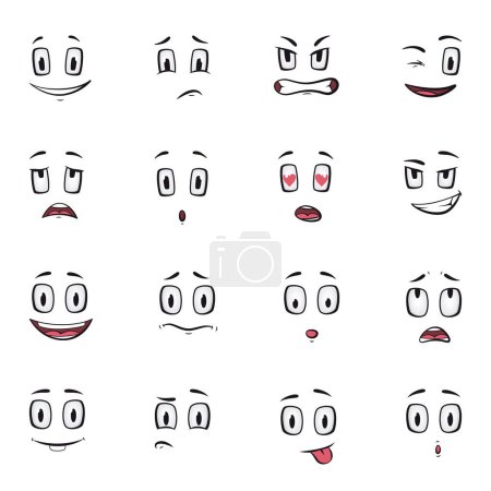 Illustration for Cartoon faces. Funny face expressions, caricature emotions. Cute character with different expressive eyes and mouth, vector smileys emoticons happy tongue emoticon collection. - Royalty Free Image