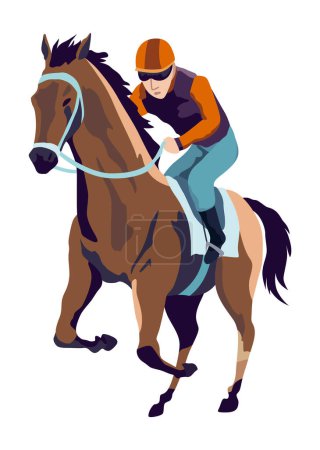 Jockey montar a caballo de carreras en una velocidad rápida, ilustración de vectores de estilo plano. Torneo de carreras de caballos.