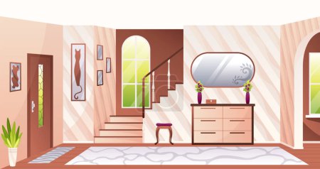 Ilustración de Casa pasillo diseño interior con escaleras. Ilustración vectorial de dibujos animados de gran hall de luz, puerta de entrada, ventana, escalera, alfombra de piso, imágenes abstractas enmarcadas en la pared. Acogedora casa, apartamento de lujo. - Imagen libre de derechos