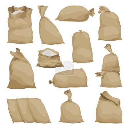 Illustration for Burlap farmer bag set with flour, rice or salt. Agricultural product. Farm production in brown textile bales, closed and open sacks with white product inside. Cartoon vector icons. - Royalty Free Image