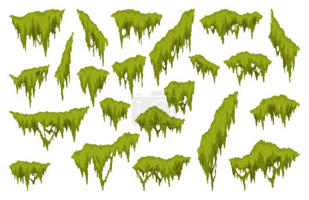 Cartoon Dschungel Moos verschiedene Formen. Grünes Sumpfmoos, hängende Wälder und kriechende Flechten. Regenwaldflora gesetzt. Sumpfpflanzen für Computerspiele isoliert auf weiß.