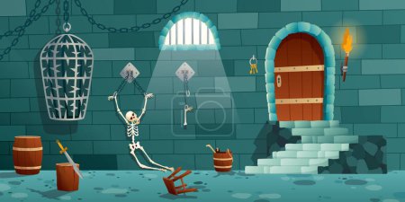 Illustration for Vector cartoon medieval prison, torture objects. Wooden bunks, barrel, pillory for punishment, window in jail and other elements isolated on white. - Royalty Free Image