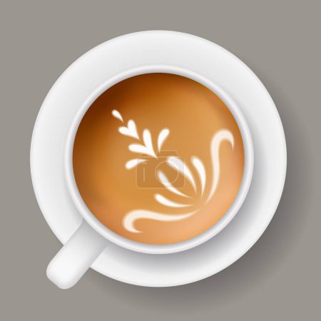 Coffee mug top view. Cappuccino espresso latte milk brown coffee vector realistic template.