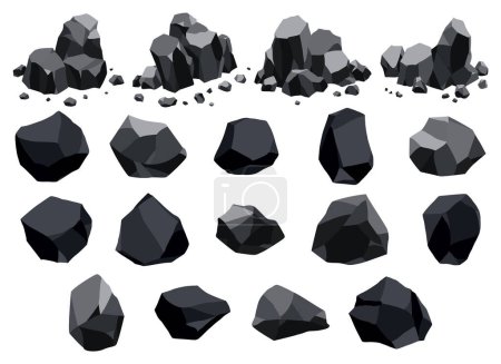Collection of coal black mineral resources. Pieces of fossil stone. Polygonal shapes set. Black rock stones of graphite or charcoal. Energy resource charcoal icons.