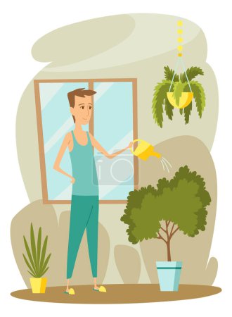 Urban gardening, person who takes care of plants. Ecological and sustainable green lifestyle. Urban environment concept. City parks element for advertising flyer. Vector illustration.